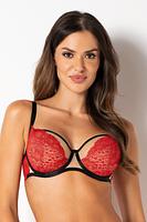 Biustonosz miękki wykonany z beżowej siatki oplecionej delikatną, czerwoną koronką.
 Miseczki dopasowują się do kształtu biustu, jednocześnie zapewniając mu odpowiednie wsparcie. Delikatna koronka ozdabia dolną część miseczki, dodając mu subtelności i kobiecego uroku, jednocześnie zdobiąc także górną część, co nadaje mu wyjątkowego, stylowego wyglądu.
Obwód z solidnej elastycznej siatki, na którą naszyta została koronka, brak bocznych fiszbin.
Ten model został zaprojektowany z myślą o Paniach z większym lub średnim biustem. Dzięki zastosowanym cięciom i wysokiej jakości materiałom gwarantuje doskonałe podtrzymanie biustu, zapewniając jednocześnie komfort noszenia przez cały dzień. Jego wyjątkowy design sprawia, że jest idealnym wyborem dla kobiet ceniących sobie zarówno funkcjonalność, jak i wyrafinowany kobiecy styl.
Konstrukcja-MS1DEZIRO
Skład surowcowy: 85% Poliamid, 10% Elastan, 5% Poliester.
 