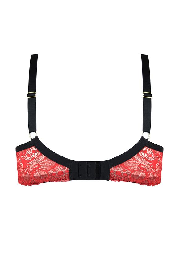 Biustonosz miękki wykonany z beżowej siatki oplecionej delikatną, czerwoną koronką.
 Miseczki dopasowują się do kształtu biustu, jednocześnie zapewniając mu odpowiednie wsparcie. Delikatna koronka ozdabia dolną część miseczki, dodając mu subtelności i kobiecego uroku, jednocześnie zdobiąc także górną część, co nadaje mu wyjątkowego, stylowego wyglądu.
Obwód z solidnej elastycznej siatki, na którą naszyta została koronka, brak bocznych fiszbin.
Ten model został zaprojektowany z myślą o Paniach z większym lub średnim biustem. Dzięki zastosowanym cięciom i wysokiej jakości materiałom gwarantuje doskonałe podtrzymanie biustu, zapewniając jednocześnie komfort noszenia przez cały dzień. Jego wyjątkowy design sprawia, że jest idealnym wyborem dla kobiet ceniących sobie zarówno funkcjonalność, jak i wyrafinowany kobiecy styl.
Konstrukcja-MS1DEZIRO
Skład surowcowy: 85% Poliamid, 10% Elastan, 5% Poliester.
 