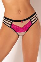 Figi z wysoko podcietym tyłem wykonanym z siatki, przód z ozdobiony różową koronką, na bokach czarne paseczki położone na beżowej siatce.
Skład: 78% Poliamid, 12% Elastan, 5% Poliester, 5% Bawełna
 