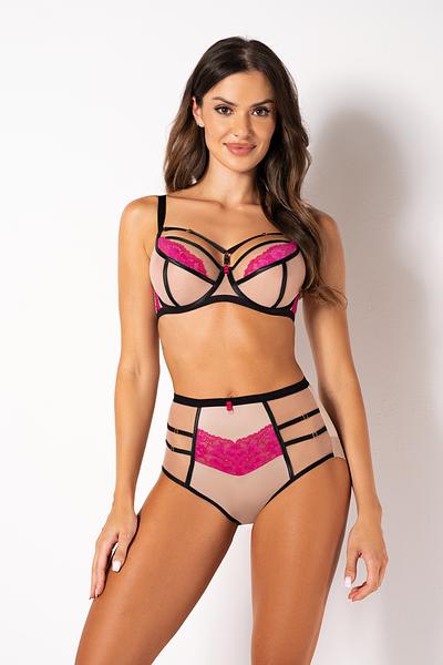 Zjawiskowe figi z wysokim stanem, przód ze wstawką z rózowej koronki, boki z beżowego tiulu, który zdobią czarne paseczki. Tył z beżowej mikrofibry, nogawki wykończone pdwójnym tiulem.
Skład surowcowy: 78% Poliamid, 12% Elastan, 5% Bawełna, 5% Poliester.
 
 