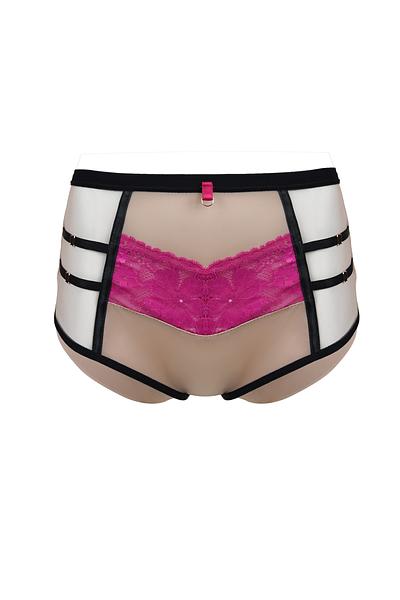 Zjawiskowe figi z wysokim stanem, przód ze wstawką z rózowej koronki, boki z beżowego tiulu, który zdobią czarne paseczki. Tył z beżowej mikrofibry, nogawki wykończone pdwójnym tiulem.
Skład surowcowy: 78% Poliamid, 12% Elastan, 5% Bawełna, 5% Poliester.
 
 