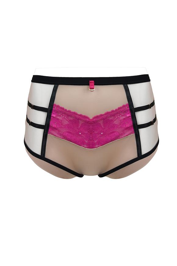 Zjawiskowe figi z wysokim stanem, przód ze wstawką z rózowej koronki, boki z beżowego tiulu, który zdobią czarne paseczki. Tył z beżowej mikrofibry, nogawki wykończone pdwójnym tiulem.
Skład surowcowy: 78% Poliamid, 12% Elastan, 5% Bawełna, 5% Poliester.
 
 