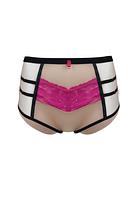 Zjawiskowe figi z wysokim stanem, przód ze wstawką z rózowej koronki, boki z beżowego tiulu, który zdobią czarne paseczki. Tył z beżowej mikrofibry, nogawki wykończone pdwójnym tiulem.
Skład surowcowy: 78% Poliamid, 12% Elastan, 5% Bawełna, 5% Poliester.
 
 