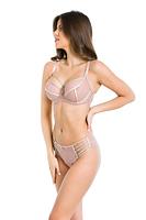 Niezwykłe figi typu brazyliany. Tył z podwójnego tiulu, wysoko wycięty. Boczki z regulowanymi paseczkami, kółeczka i regulatory w kolorze złota.
Skład: 78% Poliamid, 5% Poliester, 12% Elastan, 5% Bawełna.