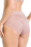 Zjawiskowe figi z wysokim stanem, który zdobią beżowe paseczki. Tył gładki, nogawki wykończone pdwójnym tiulem. Kółeczka i regulatory w kolorze złota.
Skład surowcowy: 78% Poliamid, 12% Elastan, 5% Bawełna, 5% Poliester.