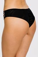 Niezwykłe figi typu brazyliany. Tył z podwójnego tiulu, wysoko wycięty. Boczki z beżowego tulu, na który naszyte zostały paseczki ze złotymi regulatorami.
Skład: 78% Poliamid, 5% Poliester, 12% Elastan, 5% Bawełna
 