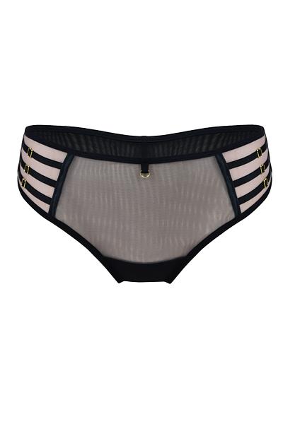 Niezwykłe figi typu brazyliany. Tył z podwójnego tiulu, wysoko wycięty. Boczki z beżowego tulu, na który naszyte zostały paseczki ze złotymi regulatorami.
Skład: 78% Poliamid, 5% Poliester, 12% Elastan, 5% Bawełna
 