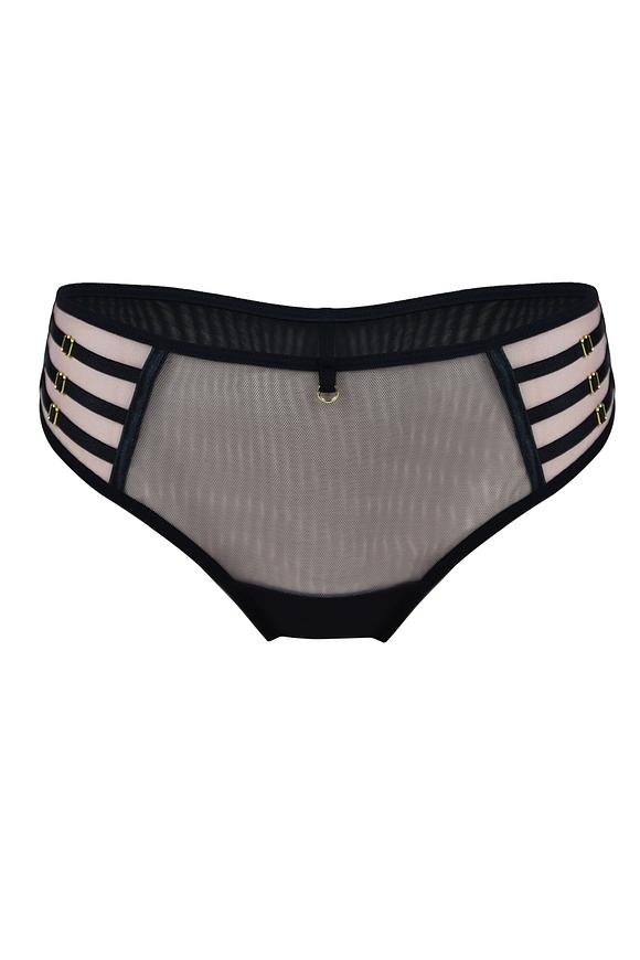 Niezwykłe figi typu brazyliany. Tył z podwójnego tiulu, wysoko wycięty. Boczki z beżowego tulu, na który naszyte zostały paseczki ze złotymi regulatorami.
Skład: 78% Poliamid, 5% Poliester, 12% Elastan, 5% Bawełna
 