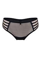 Niezwykłe figi typu brazyliany. Tył z podwójnego tiulu, wysoko wycięty. Boczki z beżowego tulu, na który naszyte zostały paseczki ze złotymi regulatorami.
Skład: 78% Poliamid, 5% Poliester, 12% Elastan, 5% Bawełna
 