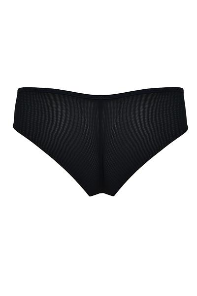 Niezwykłe figi typu brazyliany. Tył z podwójnego tiulu, wysoko wycięty. Boczki z beżowego tulu, na który naszyte zostały paseczki ze złotymi regulatorami.
Skład: 78% Poliamid, 5% Poliester, 12% Elastan, 5% Bawełna
 