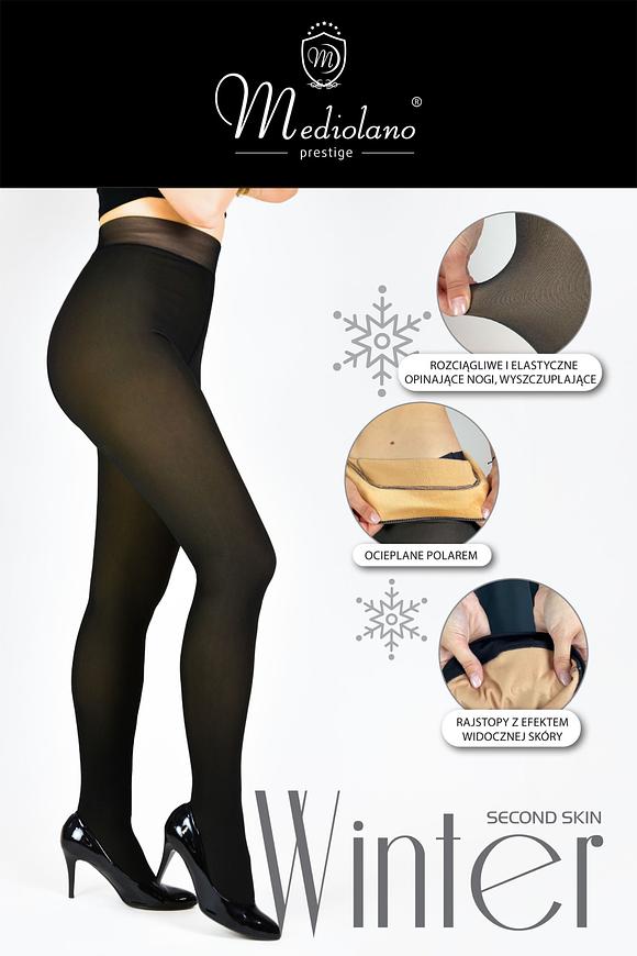 Ocieplane rajstopy damskie z efektem widocznej skóry to wyjątkowo komfortowa i stylowa propozycja na chłodniejsze dni. Wnętrze podszyte jest miękkim polarem, który zapewnia dodatkową warstwę izolacyjną, zatrzymując ciepło blisko ciała. To rozwiązanie gwarantuje utrzymanie przyjemnego ciepła nawet przy niskich temperaturach, a jednocześnie daje wizualny efekt subtelnie opalonej lub nagiej skóry, co czyni je idealnym dodatkiem do sukienek czy spódnic zimą. Rajstopy są szyte płaskim szwem, co zwiększa wygodę noszenia i minimalizuje ryzyko powstawania otarć. Taki sposób wykonania sprawia, że są praktycznie niewidoczne pod ubraniem, tworząc efekt drugiej skóry.