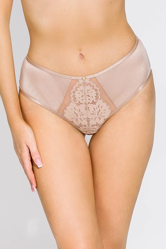 Figi pełne w kolorze mokka, przód z gładkiej satyny na bokach, środek i tył z bogatej koronki, bawełniany klin.
Skład surowcowy: 78% Poliamid, 12% Elastan, 5% Poliester, 5% Bawełna.