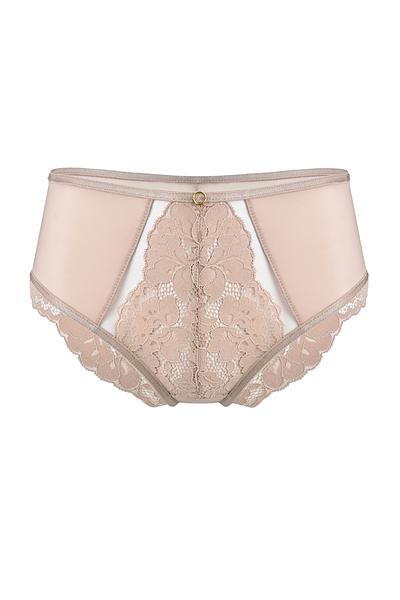 Figi pełne w kolorze mokka, przód z gładkiej satyny na bokach, środek i tył z bogatej koronki, bawełniany klin.
Skład surowcowy: 78% Poliamid, 12% Elastan, 5% Poliester, 5% Bawełna.