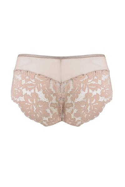 Figi pełne w kolorze mokka, przód z gładkiej satyny na bokach, środek i tył z bogatej koronki, bawełniany klin.
Skład surowcowy: 78% Poliamid, 12% Elastan, 5% Poliester, 5% Bawełna.