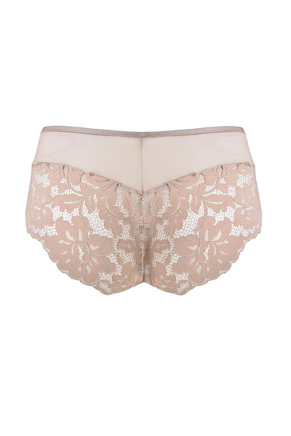 Figi pełne w kolorze mokka, przód z gładkiej satyny na bokach, środek i tył z bogatej koronki, bawełniany klin.
Skład surowcowy: 78% Poliamid, 12% Elastan, 5% Poliester, 5% Bawełna.