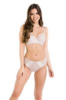 Biustonosz miękki, konstrukcja wzbogacona o boczną część idealnie zbierającą piersi ku sobie. Dolna miska wykonana ze stabilnej, lśniącej dzianiny z wzorem. Górna miska wykonana z koronki. Boki wykonane z grubej dzianiny. Pionowe fiszbiny boczne. Miseczka od wewnątrz wykończona bawełną. Ramiączka regulowane, nie odpinane.
SKŁAD: 88% POLIAMID, 8% BAWEŁNA, 4% ELASTAN