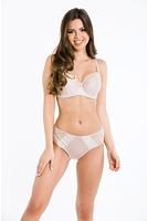 Biustonosz miękki, konstrukcja wzbogacona o boczną część idealnie zbierającą piersi ku sobie. Dolna miska wykonana ze stabilnej, lśniącej dzianiny z wzorem. Górna miska wykonana z koronki. Boki wykonane z grubej dzianiny. Pionowe fiszbiny boczne. Miseczka od wewnątrz wykończona bawełną. Ramiączka regulowane, nie odpinane.
SKŁAD: 88% POLIAMID, 8% BAWEŁNA, 4% ELASTAN