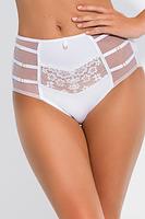 Zjawiskowe figi z wysokim stanem, przód ze wstawką z koronki, boki z beżowego tiulu, który zdobią  białe paseczki. Tył z białej mikrofibry, nogawki wykończone pdwójnym tiulem.
Skład: 78% Poliamid, 12% Elastan, 5% Bawełna, 5% Poliester
 