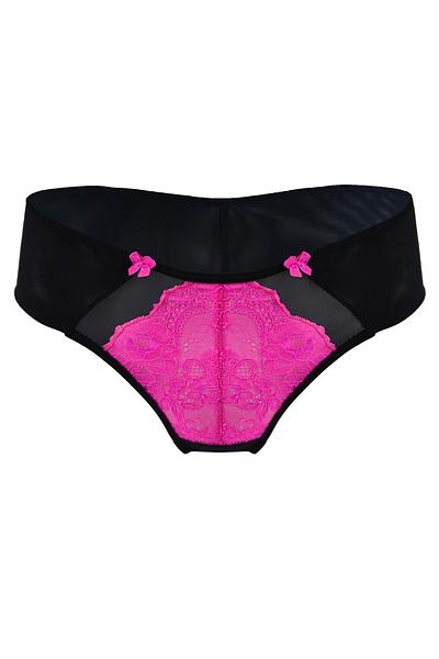 Figi Fluo to figi typu brazylian.
Mają one podcięte pośladki oraz podwójnie złożony tiul, tak aby nie odznaczały się pod ubraniem. Przód majtek zdobi intensywnie różowa koronka oraz dwie kokardki nadające uroku całości.
Skład: 78% Poliamid, 12% Elastan, 5% Poliester, 5% Bawełna