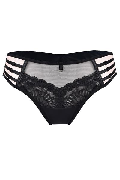 Figi typu brazyliany, tył wysoko wycięty wykonany z podwójnego tiulu.
Przód z koronką, na bokach na tiulu naszyte paseczki.
Skład surowcowy: 78% Poliamid, 12% Elastan, 5% Poliester, 5% Bawełna
 