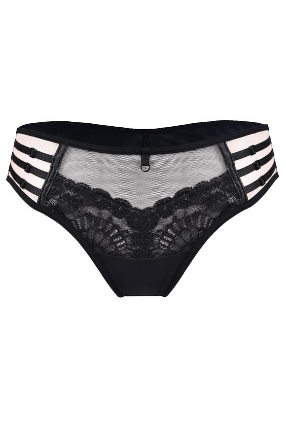 Figi typu brazyliany, tył wysoko wycięty wykonany z podwójnego tiulu.
Przód z koronką, na bokach na tiulu naszyte paseczki.
Skład surowcowy: 78% Poliamid, 12% Elastan, 5% Poliester, 5% Bawełna
 