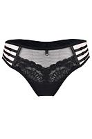 Figi typu brazyliany, tył wysoko wycięty wykonany z podwójnego tiulu.
Przód z koronką, na bokach na tiulu naszyte paseczki.
Skład surowcowy: 78% Poliamid, 12% Elastan, 5% Poliester, 5% Bawełna
 
