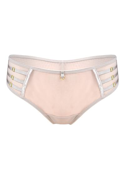 Niezwykłe figi typu brazyliany. Tył z podwójnego tiulu, wysoko wycięty. Boczki z tulu, na który naszyte zostały paseczki ze złotymi regulatorami.
Skład: 78% Poliamid, 5% Poliester, 12% Elastan, 5% Bawełna
 