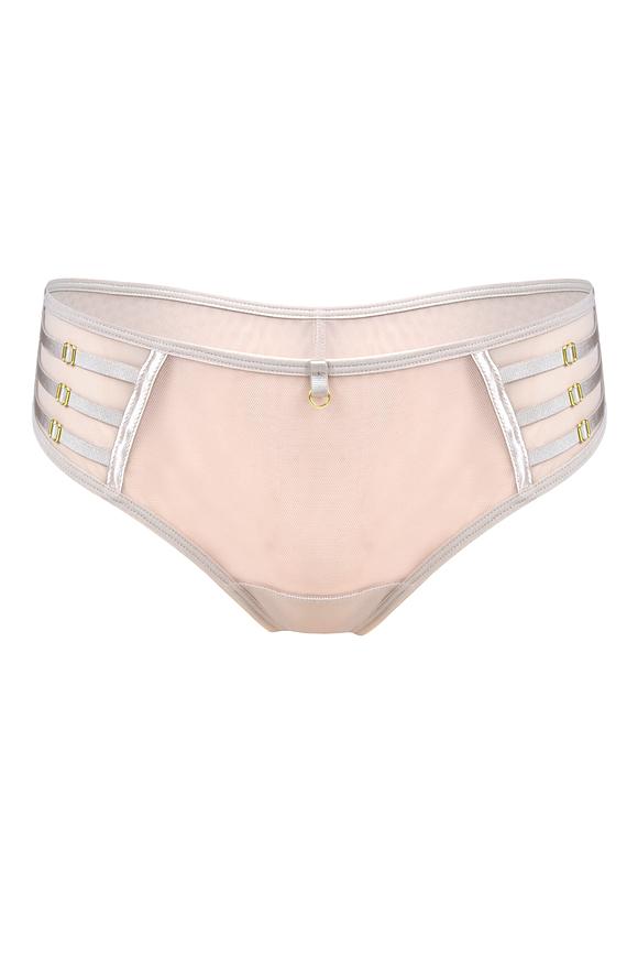 Niezwykłe figi typu brazyliany. Tył z podwójnego tiulu, wysoko wycięty. Boczki z tulu, na który naszyte zostały paseczki ze złotymi regulatorami.
Skład: 78% Poliamid, 5% Poliester, 12% Elastan, 5% Bawełna
 