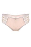 Niezwykłe figi typu brazyliany. Tył z podwójnego tiulu, wysoko wycięty. Boczki z tulu, na który naszyte zostały paseczki ze złotymi regulatorami.
Skład: 78% Poliamid, 5% Poliester, 12% Elastan, 5% Bawełna
 