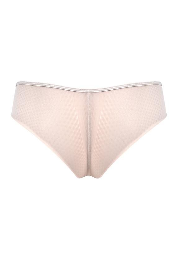 Niezwykłe figi typu brazyliany. Tył z podwójnego tiulu, wysoko wycięty. Boczki z tulu, na który naszyte zostały paseczki ze złotymi regulatorami.
Skład: 78% Poliamid, 5% Poliester, 12% Elastan, 5% Bawełna
 