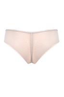 Niezwykłe figi typu brazyliany. Tył z podwójnego tiulu, wysoko wycięty. Boczki z tulu, na który naszyte zostały paseczki ze złotymi regulatorami.
Skład: 78% Poliamid, 5% Poliester, 12% Elastan, 5% Bawełna
 