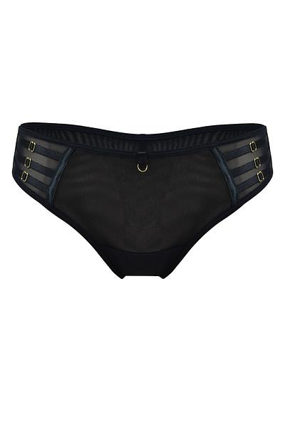 Niezwykłe figi typu brazyliany. Tył z podwójnego tiulu, wysoko wycięty. Boczki z tulu, na który naszyte zostały paseczki ze złotymi regulatorami.
Skład: 78% Poliamid, 5% Poliester, 12% Elastan, 5% Bawełna
 