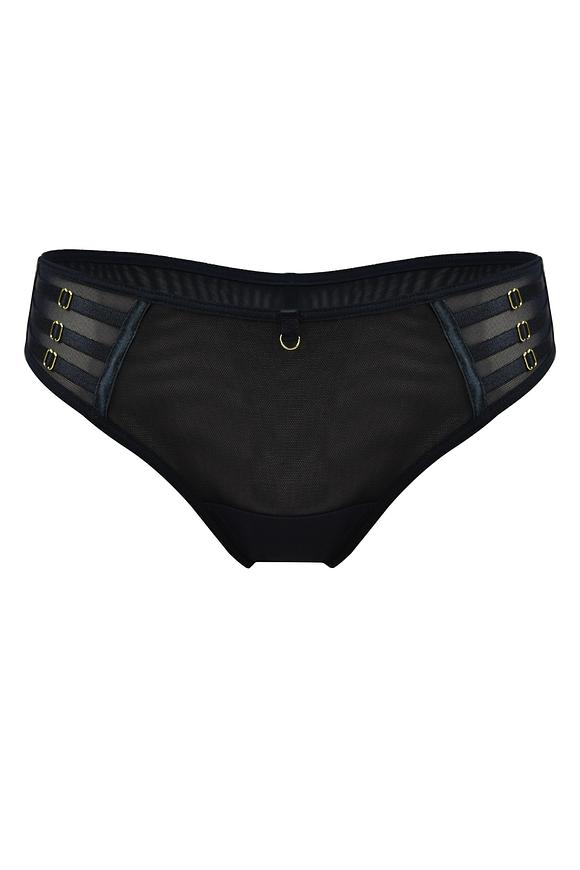 Niezwykłe figi typu brazyliany. Tył z podwójnego tiulu, wysoko wycięty. Boczki z tulu, na który naszyte zostały paseczki ze złotymi regulatorami.
Skład: 78% Poliamid, 5% Poliester, 12% Elastan, 5% Bawełna
 