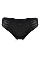 Niezwykłe figi typu brazyliany. Tył z podwójnego tiulu, wysoko wycięty. Boczki z tulu, na który naszyte zostały paseczki ze złotymi regulatorami.
Skład: 78% Poliamid, 5% Poliester, 12% Elastan, 5% Bawełna
 