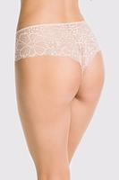 Figi brazyliany. Figi w cołości wykonane z delikanej koronki, tył płasko wykończony, bawełniany klin.
Skład surowcowy: 78% Poliamid, 12% Elastan, 5% Poliester, 5% Bawełna.
 