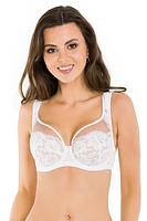 Biustonosz miękki z fiszbinami.
Miseczki z siatki pokrytej bogatą koronką, góra z beżowego tiulu zakończonego śmietankową lamówką.
Konstrukcja lekka a jednocześnie stabilna, unosi, zbiera biust i  doskonale go podtrzymuje, szeroka fiszbina okala całą pierś.
Obwód z siatki, brak bocznej fiszbiny.
Szerokie ramiączka odciążą ramiona i zapewnią komfort przez cały dzien!
Skład surowcowy: 85%Poliamid, 10%Elastan, 5%Poliester.
 