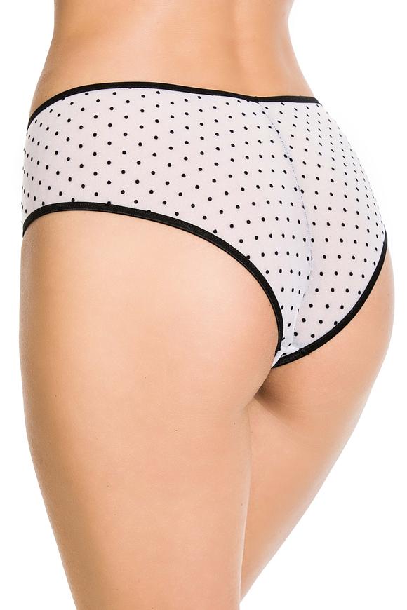 

Figi pełne z wyższym stanem, wykonane z białej elastycznej siatki w kropeczki, przód ozdobiony czarną koronką
Skład surowcowy: 78% Poliamid 12%Elastan 5%Poliester 5%Bawełna


 