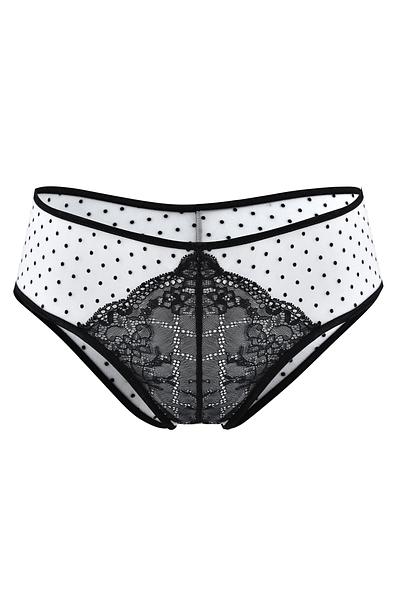 

Figi pełne z wyższym stanem, wykonane z białej elastycznej siatki w kropeczki, przód ozdobiony czarną koronką
Skład surowcowy: 78% Poliamid 12%Elastan 5%Poliester 5%Bawełna


 