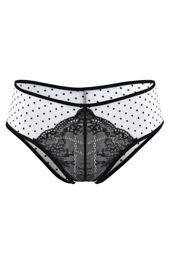 

Figi pełne z wyższym stanem, wykonane z białej elastycznej siatki w kropeczki, przód ozdobiony czarną koronką
Skład surowcowy: 78% Poliamid 12%Elastan 5%Poliester 5%Bawełna


 