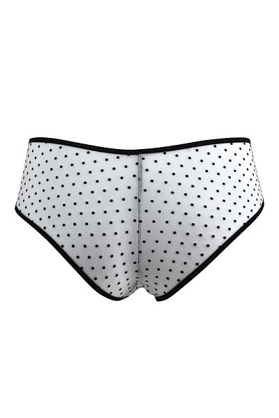 

Figi pełne z wyższym stanem, wykonane z białej elastycznej siatki w kropeczki, przód ozdobiony czarną koronką
Skład surowcowy: 78% Poliamid 12%Elastan 5%Poliester 5%Bawełna


 