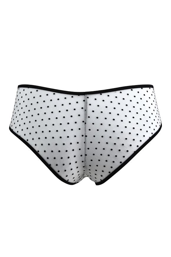 

Figi pełne z wyższym stanem, wykonane z białej elastycznej siatki w kropeczki, przód ozdobiony czarną koronką
Skład surowcowy: 78% Poliamid 12%Elastan 5%Poliester 5%Bawełna


 