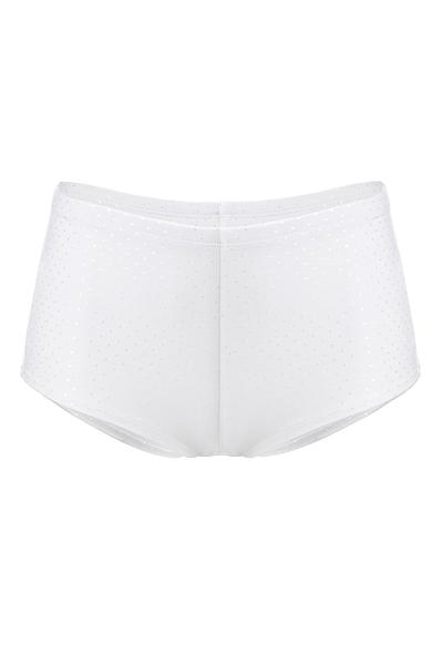 Szorty wykonane z przyjemnej w dotyku białej mikrofibry w kropeczki.
Fason zabudowany, komfortowa guma w pasie.
Skład: 78% Poliamid, 12% Elastan 5% Poliester, 5% Bawełna.