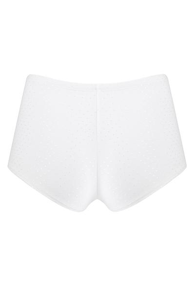 Szorty wykonane z przyjemnej w dotyku białej mikrofibry w kropeczki.
Fason zabudowany, komfortowa guma w pasie.
Skład: 78% Poliamid, 12% Elastan 5% Poliester, 5% Bawełna.