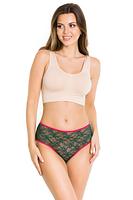 Figi klasyczne.
Przód wykonany ze szmaragdowego plenu, tył z gładkiej mikrofibry, kontrastowe amarantowe gumki.
Bawełniany klin.
Skład surowcowy: 78%Poliamid 12%Elastan, 5% Poliester, 5% Bawełna

 