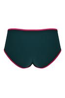 Figi klasyczne.
Przód wykonany ze szmaragdowego plenu, tył z gładkiej mikrofibry, kontrastowe amarantowe gumki.
Bawełniany klin.
Skład surowcowy: 78%Poliamid 12%Elastan, 5% Poliester, 5% Bawełna

 