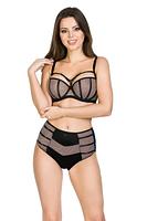 Efektowny biustonosz miękki o kroju balkonetki, miseczki wykonane z czarnej siatki, na którą naszyta została siatka w kolorze mokka.
Satynowe lamówki przykrywają pionowe cięcia.
Konstrukcja doskonale wyeksponuje biust a ozdobne paseczki pięknie ozdobią dekolt, ozdobne paseczki w dekolcie odpinają się.
Skład surowcowy: 85% Poliamid, 10% Elastan, 5% Poliester