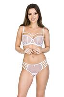 Biustonosz miękki o kroju balkonetki, miseczki wykonane z siatki, satynowe lamówki przykrywają pionowe cięcia.
Konstrukcja doskonale wyeksponuje biust a ozdobne paseczki pięknie ozdobią dekolt, ozdobne paseczki w dekolcie odpinają się
Skład surowcowy: 85% Poliamid, 10% Elastan, 5% Poliester