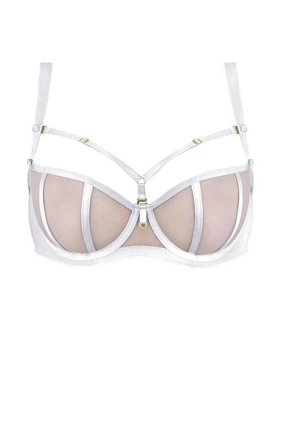 Biustonosz miękki o kroju balkonetki, miseczki wykonane z siatki, satynowe lamówki przykrywają pionowe cięcia.
Konstrukcja doskonale wyeksponuje biust a ozdobne paseczki pięknie ozdobią dekolt, ozdobne paseczki w dekolcie odpinają się
Skład surowcowy: 85% Poliamid, 10% Elastan, 5% Poliester