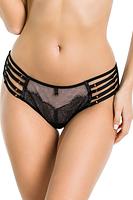 Figi typu brazyliany, tył wysoko wycięty wykonany z podwójnego tiulu.
Przód z koronką, na bokach paseczki z regulacją.
Skład surowcowy: 78%Poliamid, 12%Elastan, 5%Poliester, 5%Bawełna