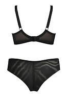 Figi typu brazyliany, tył wysoko wycięty wykonany z podwójnego tiulu.
Przód z koronką, na bokach paseczki z regulacją.
Skład surowcowy: 78%Poliamid, 12%Elastan, 5%Poliester, 5%Bawełna